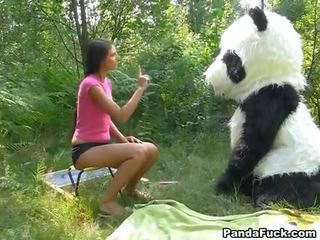 Pieaugušais saspraude uz the meži ar a milzīgs rotaļlieta panda